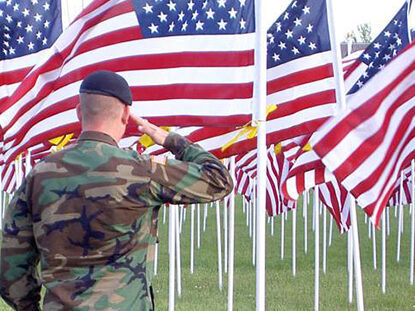 military man saluting flags