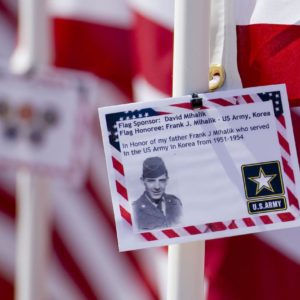 A flag honoring David Mihalik who served in the Army in Korea was place in the Field of Honor in Los Rios Park in San Juan Capistrano.

 ///ADDITIONAL INFO: 0526.sjc.honor - 5/21/16 - Photo by PAUL RODRIGUEZ - Honor scouts from the Order of the Arrow help place 300 large flags for a Field of Honor at Los Rios Park in San Juan Capistrano. The event is organized by Homefront America which will conduct a Memorial Day ceremony at the park.