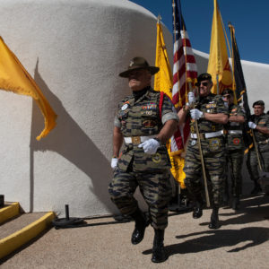 The color guard marches in with the flags Monday (May 28) during the 2018 Memorial Day Ceremony at the Vietnam Veterans Memorial in Angel Fire.