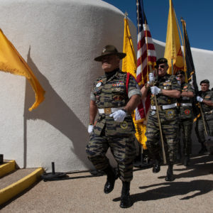 The color guard marches in with the flags Monday (May 28) during the 2018 Memorial Day Ceremony at the Vietnam Veterans Memorial in Angel Fire.