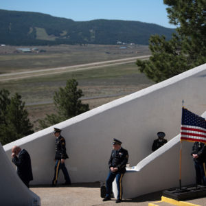 Members of the 44th U.S. Army Band wait before taking the stage Monday (May 28) during the 2018 Memorial Day Ceremony at the Vietnam Veterans Memorial in Angel Fire.